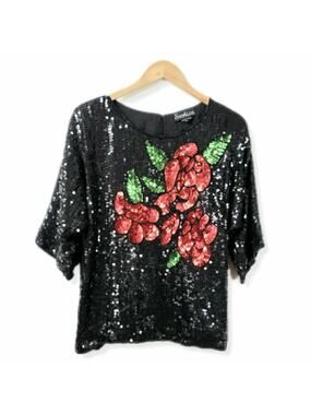 80s Sequin Beaded Blouse Top Black S M Floral Disco Mob Wife Sparkle Cocktail